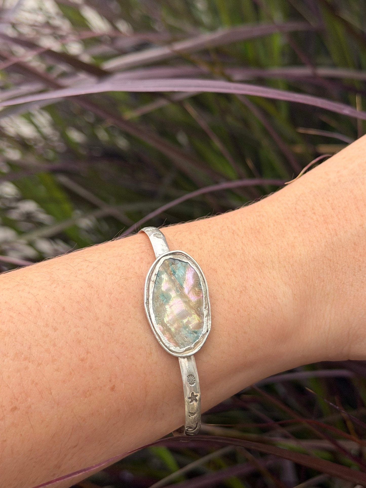 Abalone Shell Island Scene Cuff Bracelet