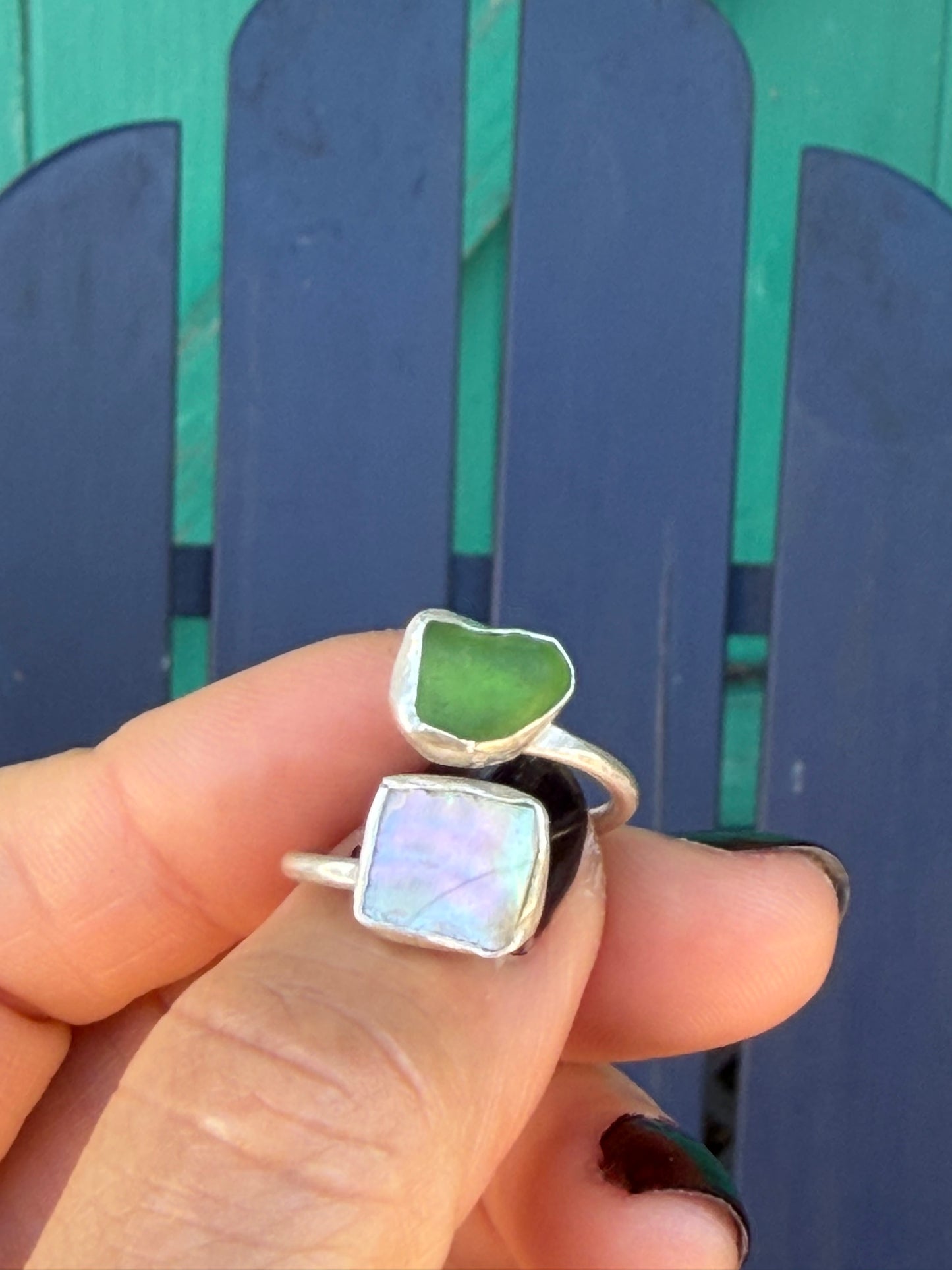 Adjustable Seaglass and Abalone Shell Ring
