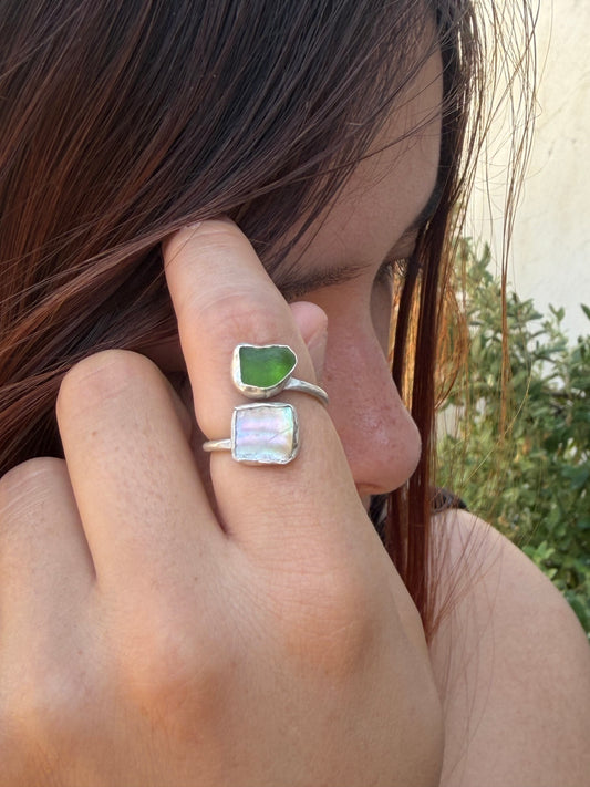 Adjustable Seaglass and Abalone Shell Ring