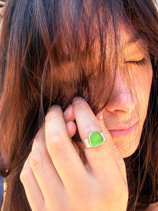 Kelly Green Adjustable Seaglass Ring