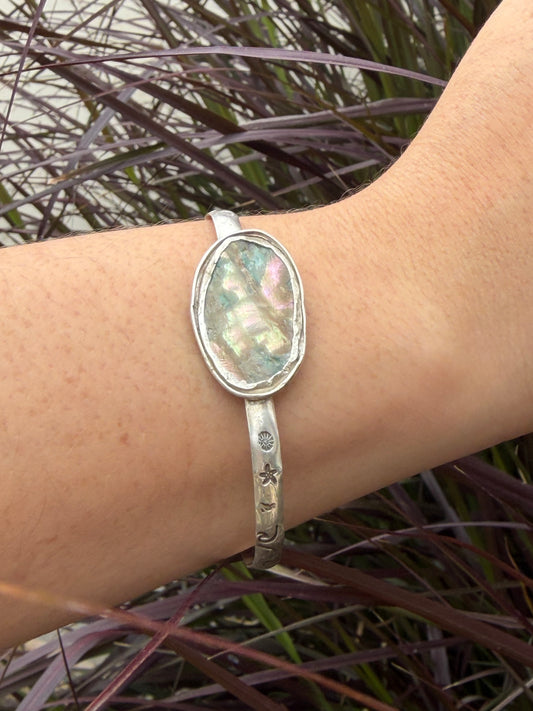 Abalone Shell Island Scene Cuff Bracelet