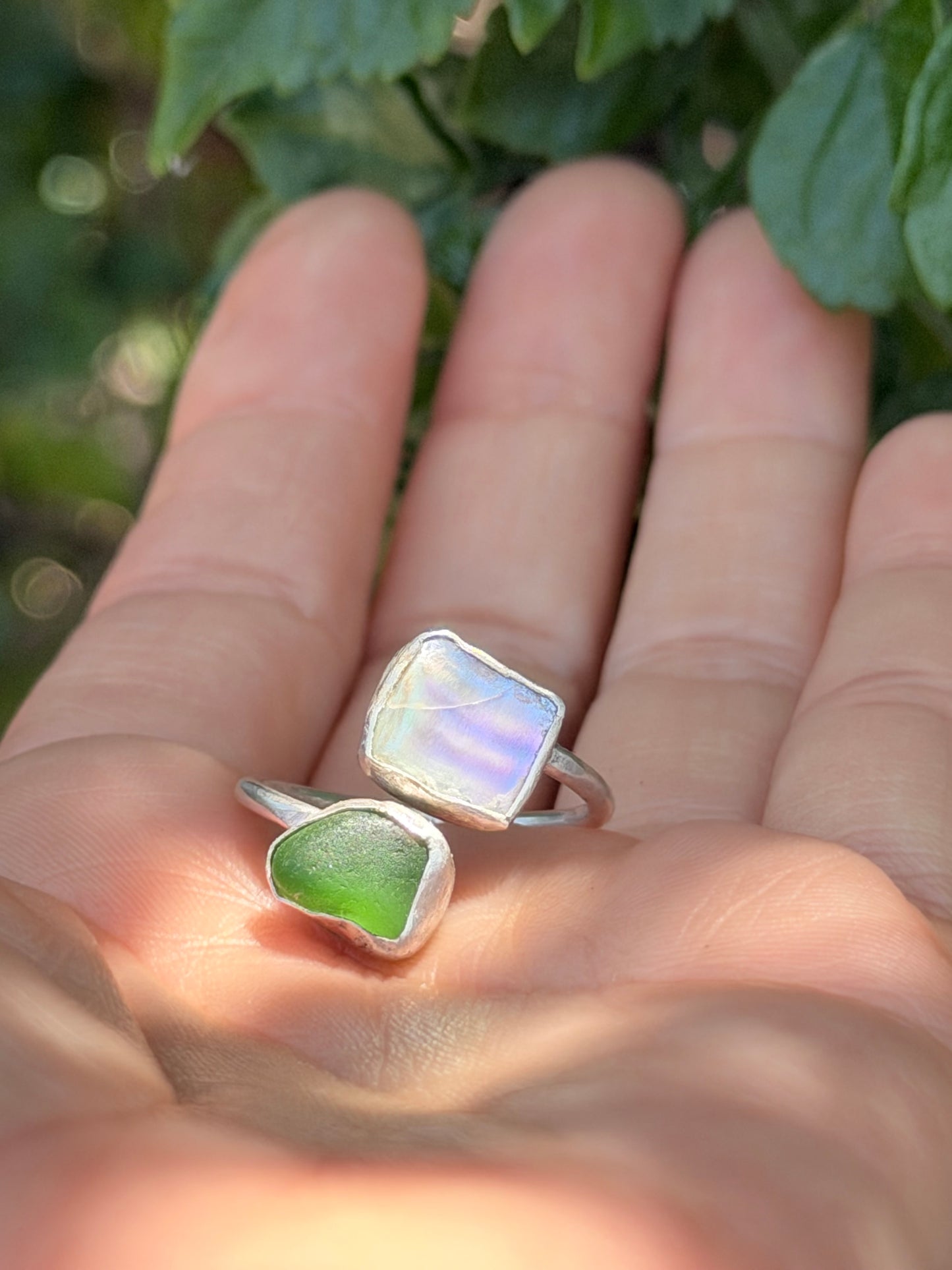 Adjustable Seaglass and Abalone Shell Ring