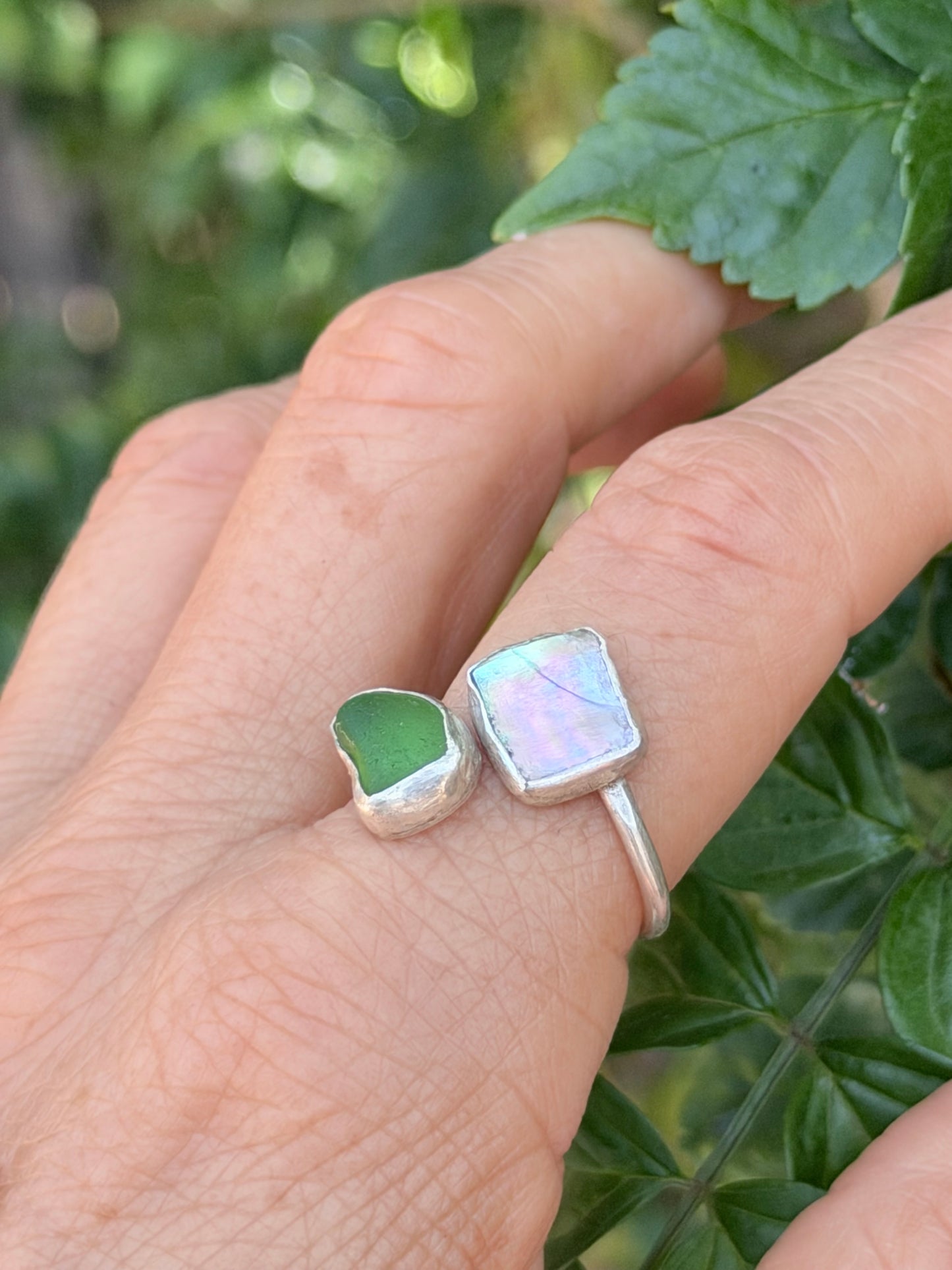 Adjustable Seaglass and Abalone Shell Ring