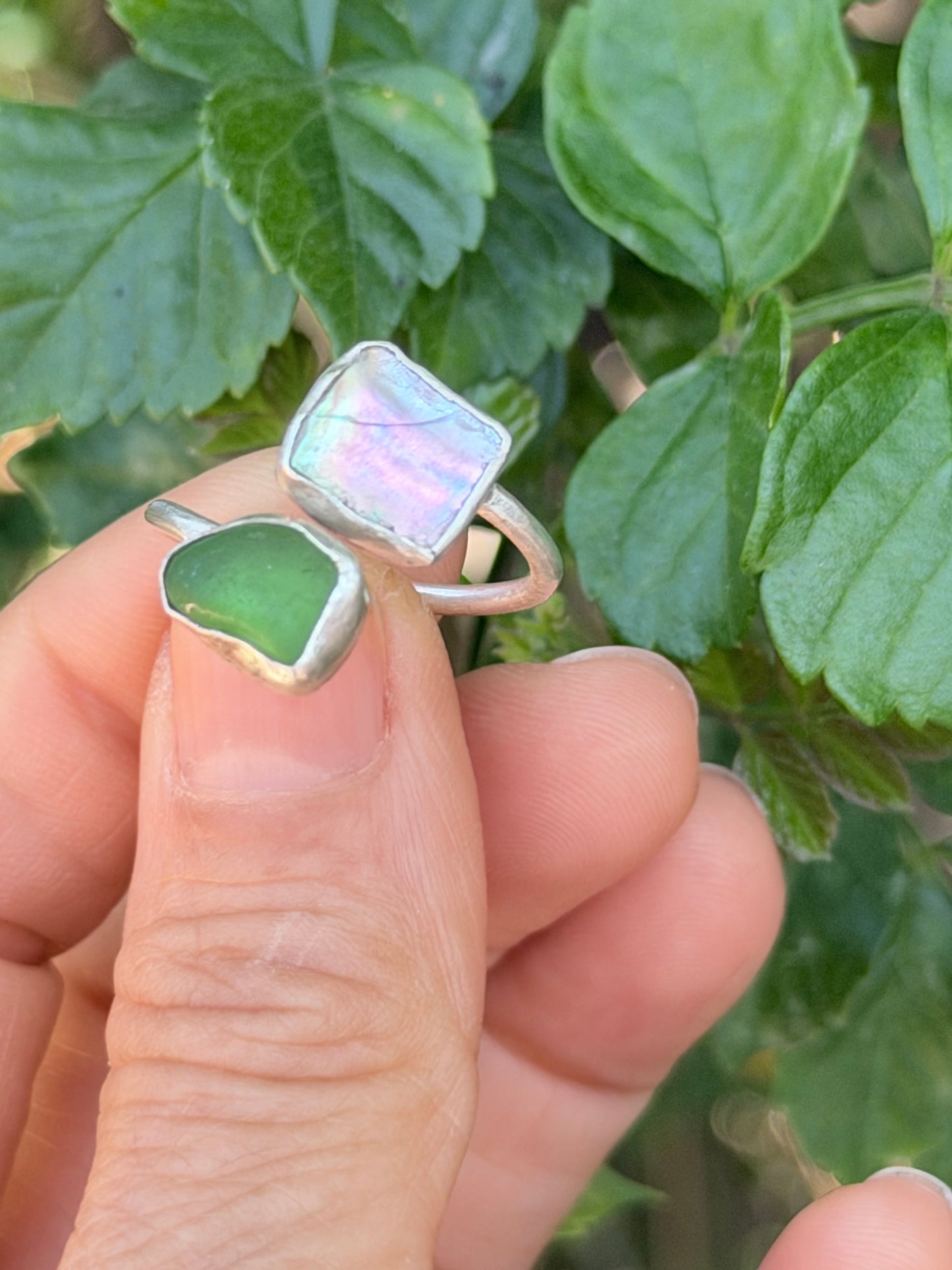 Adjustable Seaglass and Abalone Shell Ring