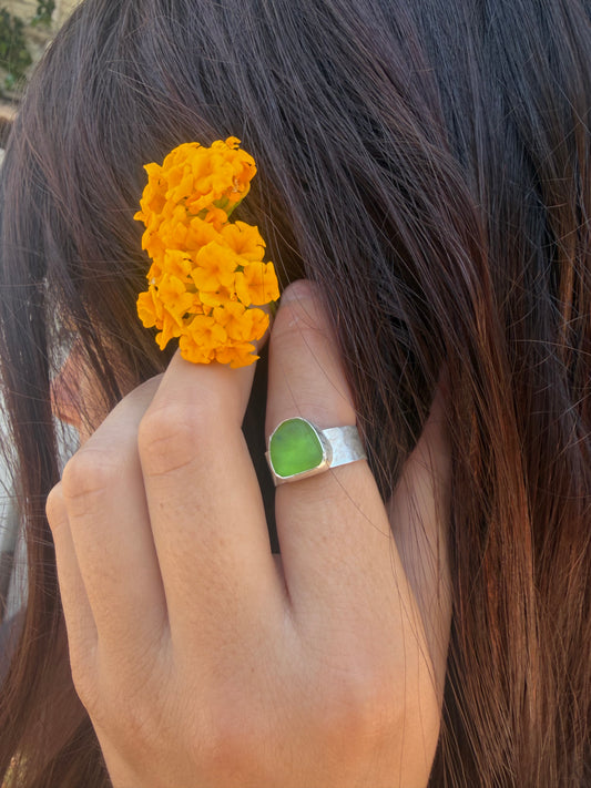 Kelly Green Adjustable Seaglass Ring
