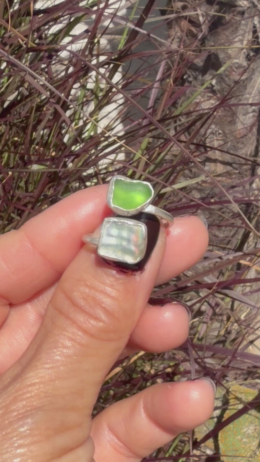 Adjustable Seaglass and Abalone Shell Ring